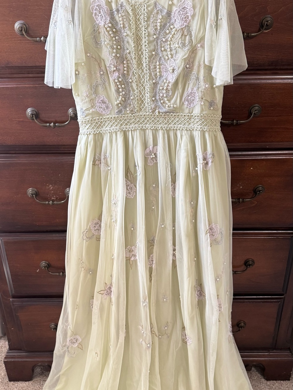 ASOS Light Sage Tulle Formal Dress with cream Floral Embroidery